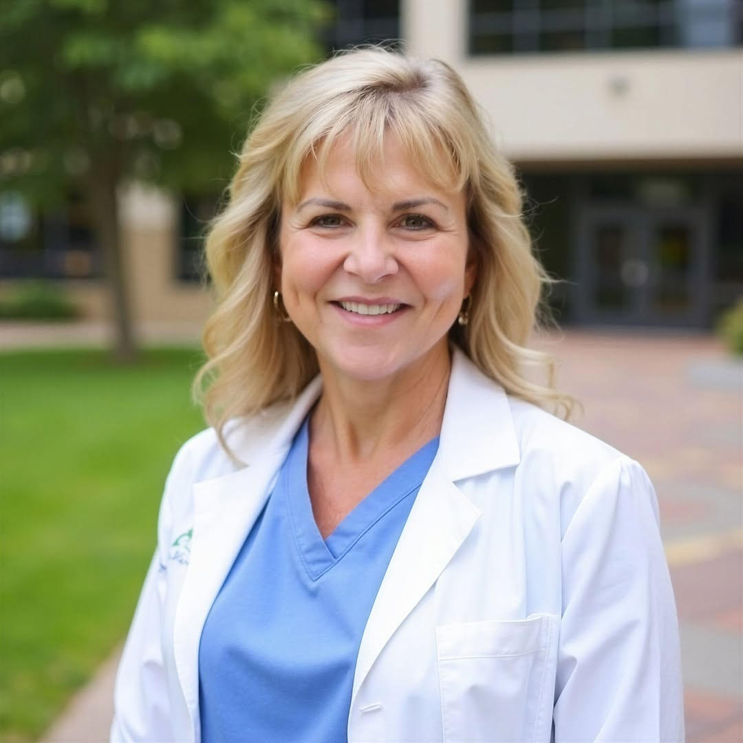 Nurse, Sheila Scott in a white medical coat and scrubs.