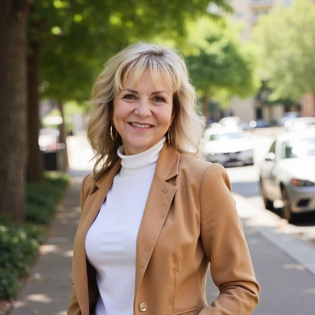 Sheila Scott, a blond woman in a white turtleneck and brown jacket standing in front a streetscape